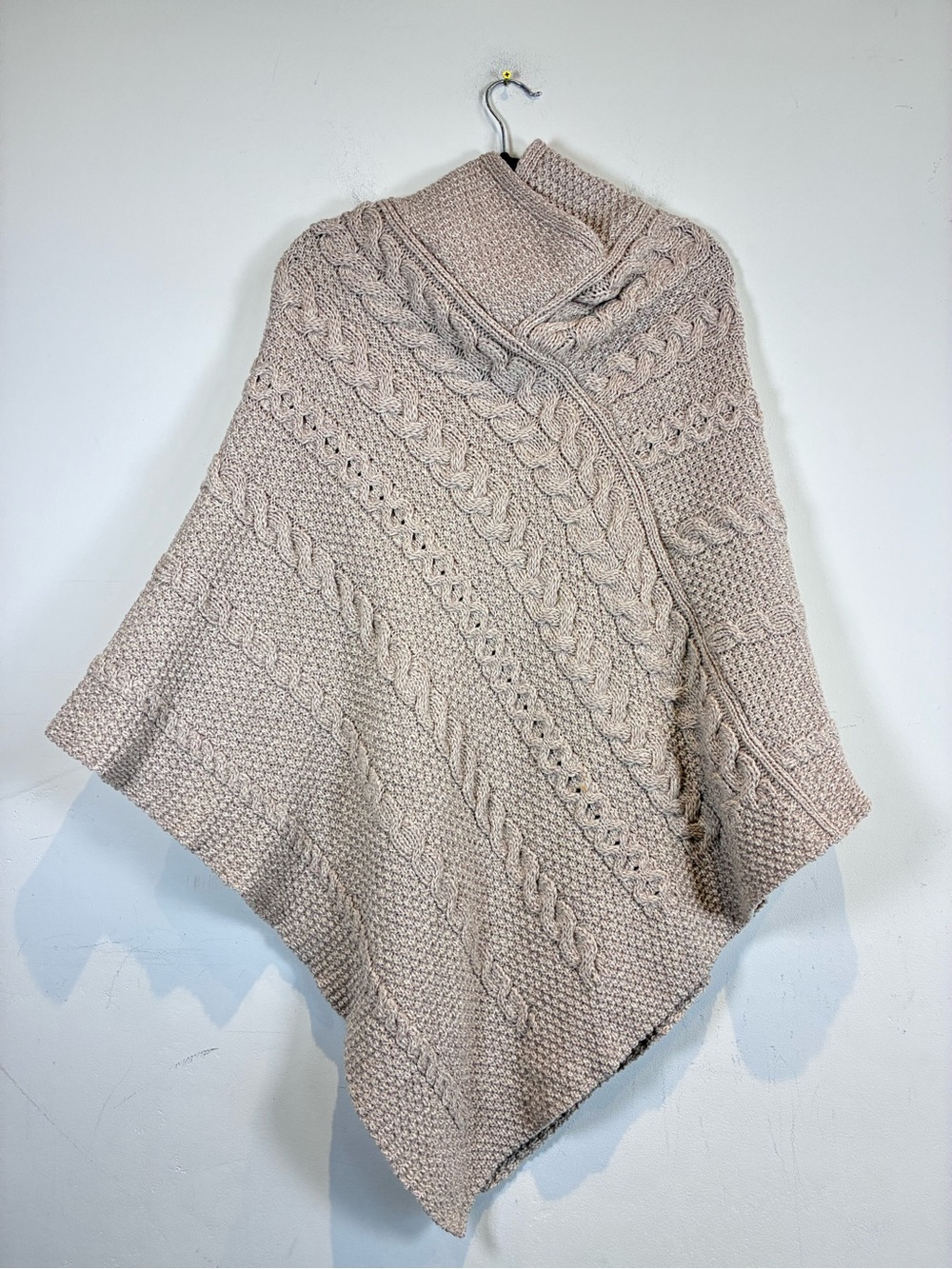Inis Craft Cable Knit Wool Poncho Sweater - Taupe Neutral, Size M/L